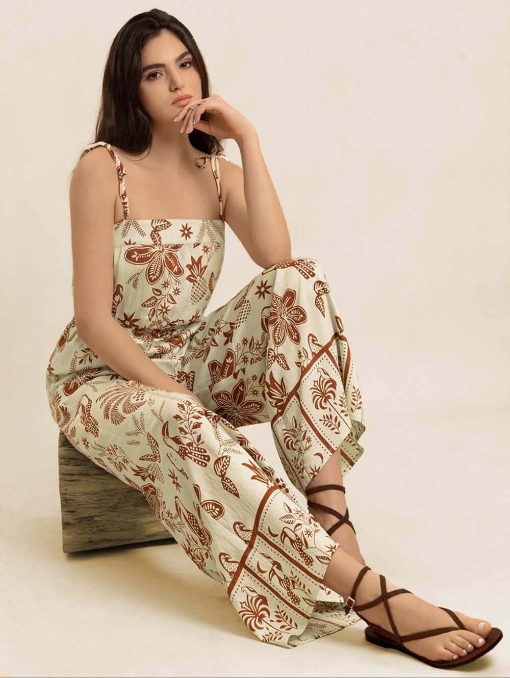 Women's Cream & Brown Printed Wide-Leg Jumpsuit - Picture 6 of 8